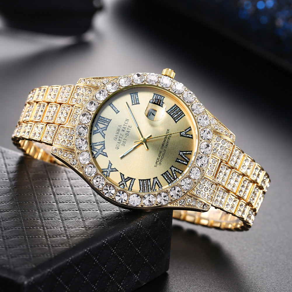 Trendy Rhinestone Steel Band Full Diamond Watch with a High-End Feel, Wholesale Calendar Roman Starry Quartz Watch, Live Streaming Watch