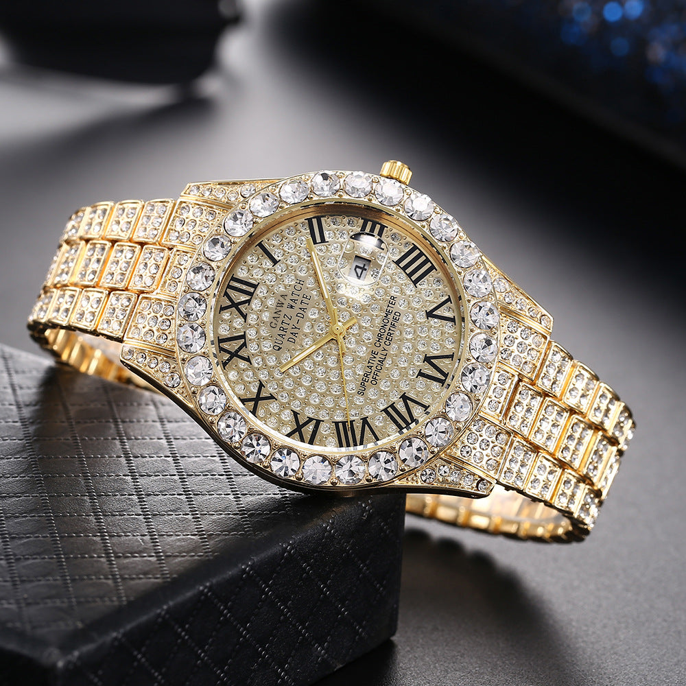 Trendy Rhinestone Steel Band Full Diamond Watch with a High-End Feel, Wholesale Calendar Roman Starry Quartz Watch, Live Streaming Watch