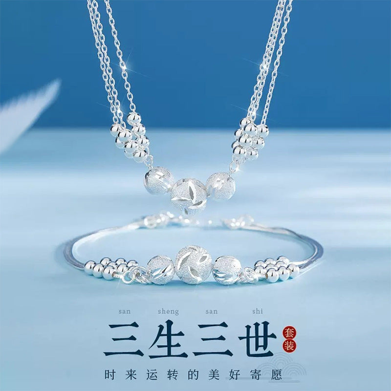 Sansheng III Bracelet Necklace Women's Round Beads All-match Simple Hand Fashion Trendy Carved New Jewelry Student Ins