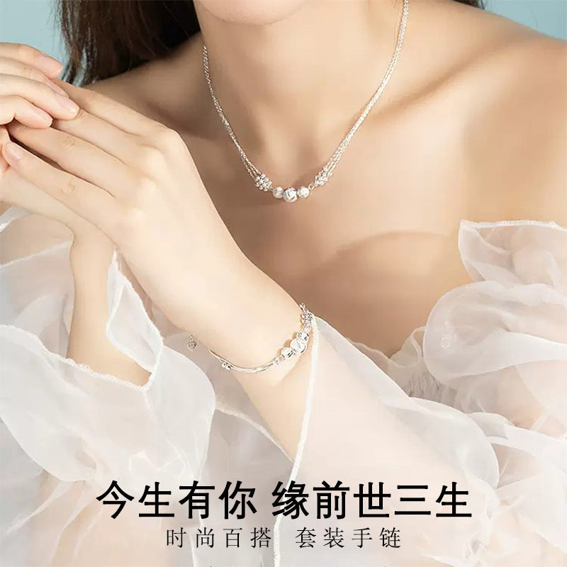 Sansheng III Bracelet Necklace Women's Round Beads All-match Simple Hand Fashion Trendy Carved New Jewelry Student Ins