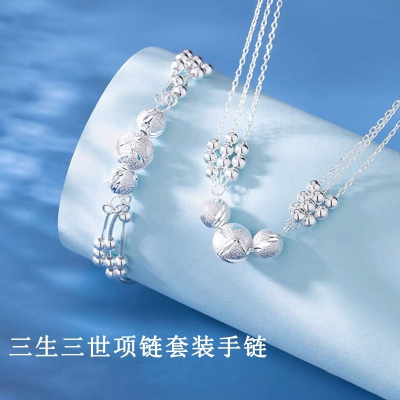 Sansheng III Bracelet Necklace Women's Round Beads All-match Simple Hand Fashion Trendy Carved New Jewelry Student Ins