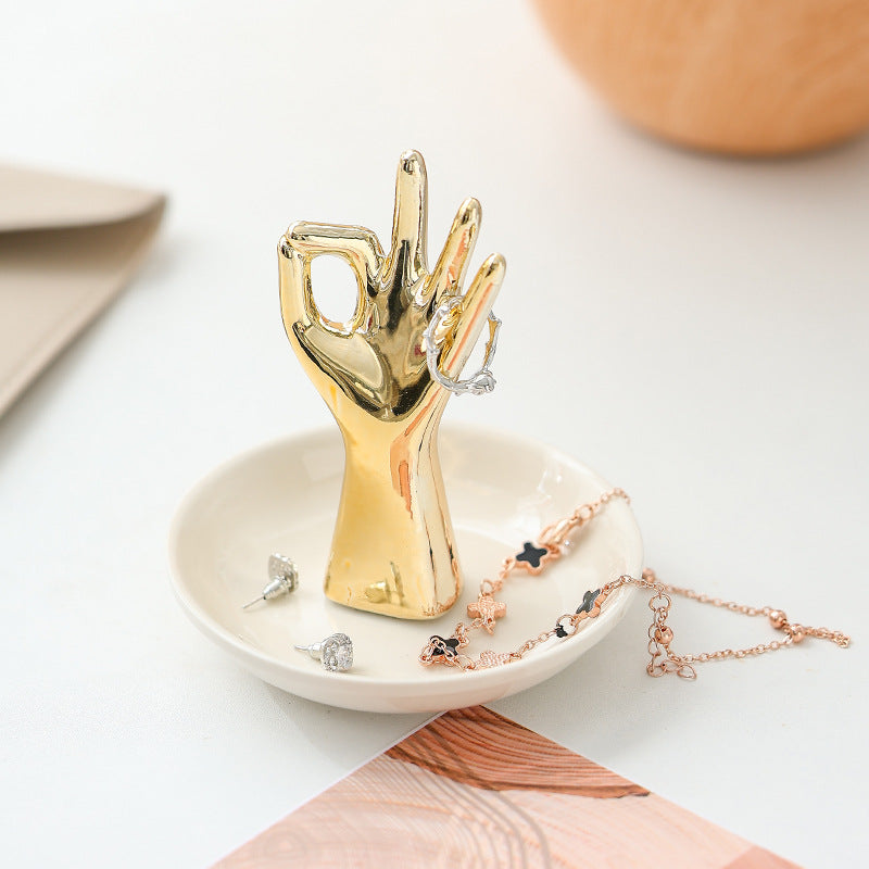OK Hand Jewelry Plate Dressing Table Storage Plate Ceramic Crafts Ornaments Ring Tray Nordic Gold Plating Gift