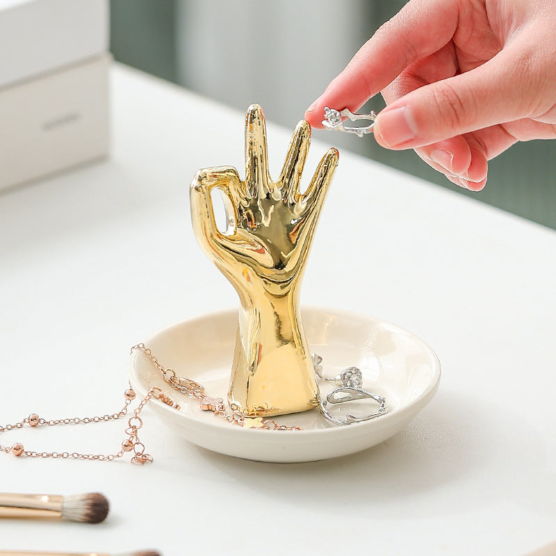 OK Hand Jewelry Plate Dressing Table Storage Plate Ceramic Crafts Ornaments Ring Tray Nordic Gold Plating Gift