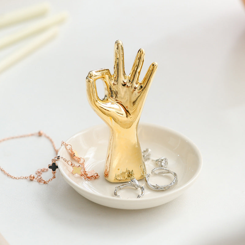 OK Hand Jewelry Plate Dressing Table Storage Plate Ceramic Crafts Ornaments Ring Tray Nordic Gold Plating Gift