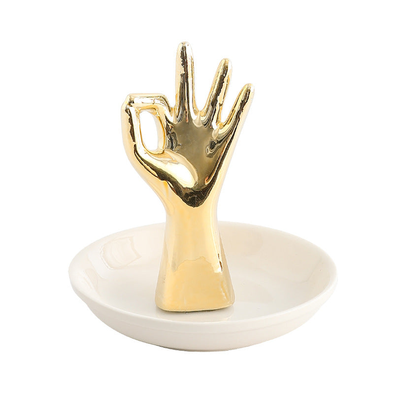 OK Hand Jewelry Plate Dressing Table Storage Plate Ceramic Crafts Ornaments Ring Tray Nordic Gold Plating Gift