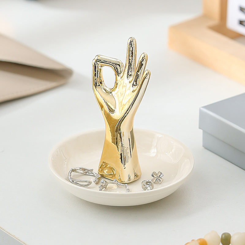 OK Hand Jewelry Plate Dressing Table Storage Plate Ceramic Crafts Ornaments Ring Tray Nordic Gold Plating Gift