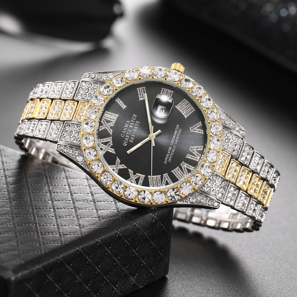 Trendy Rhinestone Steel Band Full Diamond Watch with a High-End Feel, Wholesale Calendar Roman Starry Quartz Watch, Live Streaming Watch