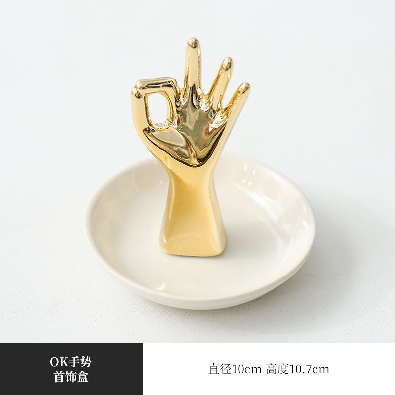 OK Hand Jewelry Plate Dressing Table Storage Plate Ceramic Crafts Ornaments Ring Tray Nordic Gold Plating Gift