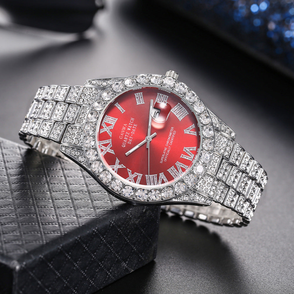 Trendy Rhinestone Steel Band Full Diamond Watch with a High-End Feel, Wholesale Calendar Roman Starry Quartz Watch, Live Streaming Watch