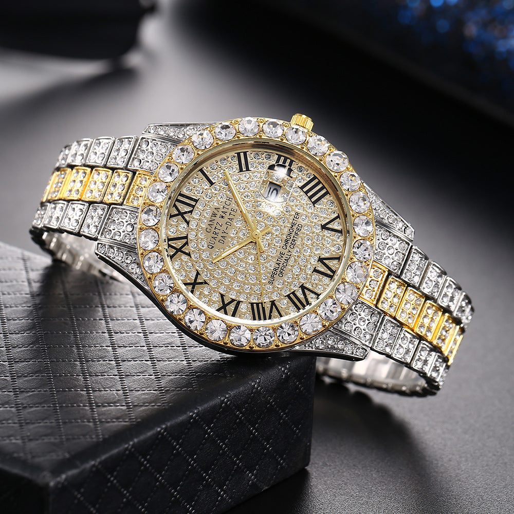 Trendy Rhinestone Steel Band Full Diamond Watch with a High-End Feel, Wholesale Calendar Roman Starry Quartz Watch, Live Streaming Watch