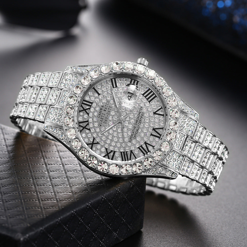 Trendy Rhinestone Steel Band Full Diamond Watch with a High-End Feel, Wholesale Calendar Roman Starry Quartz Watch, Live Streaming Watch