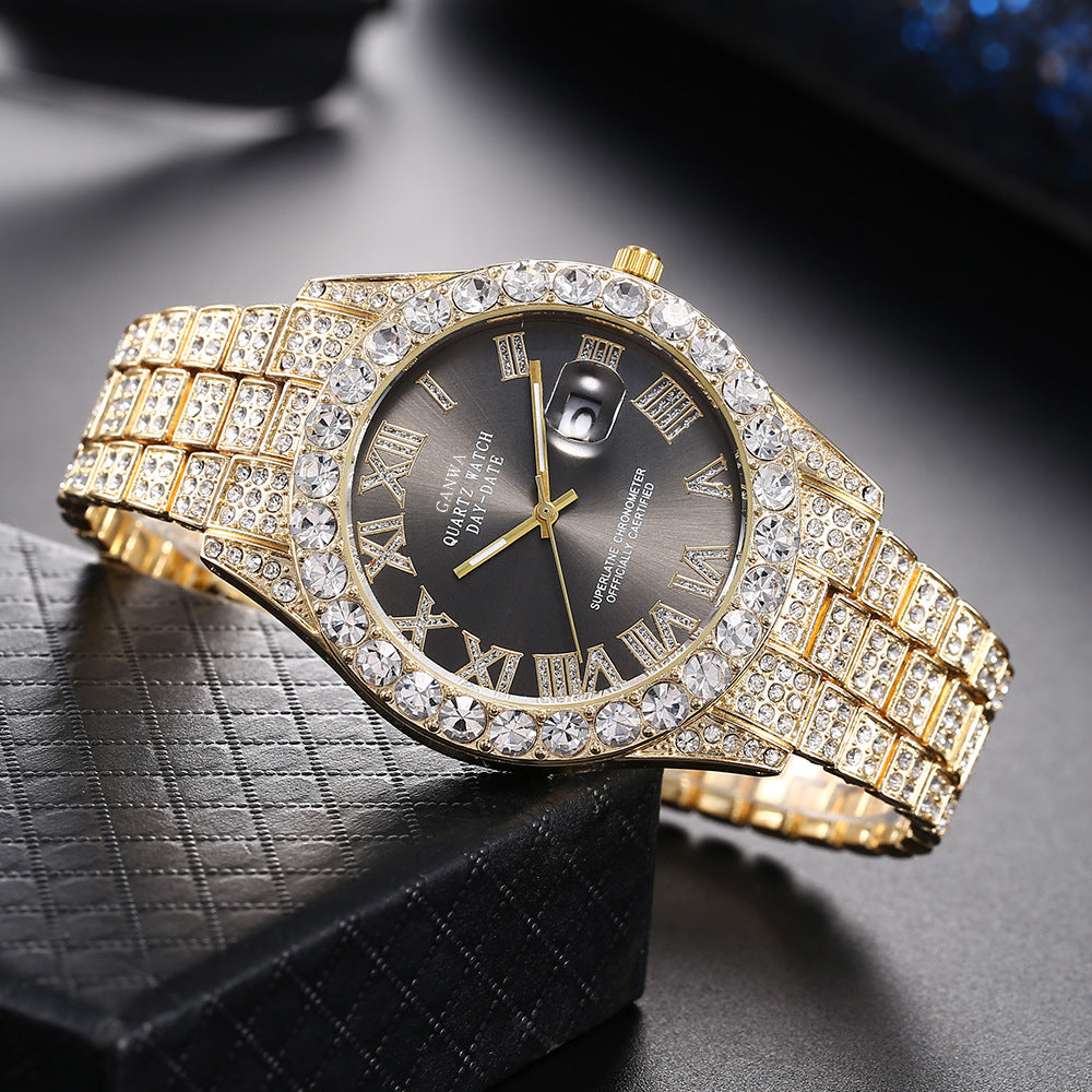 Trendy Rhinestone Steel Band Full Diamond Watch with a High-End Feel, Wholesale Calendar Roman Starry Quartz Watch, Live Streaming Watch